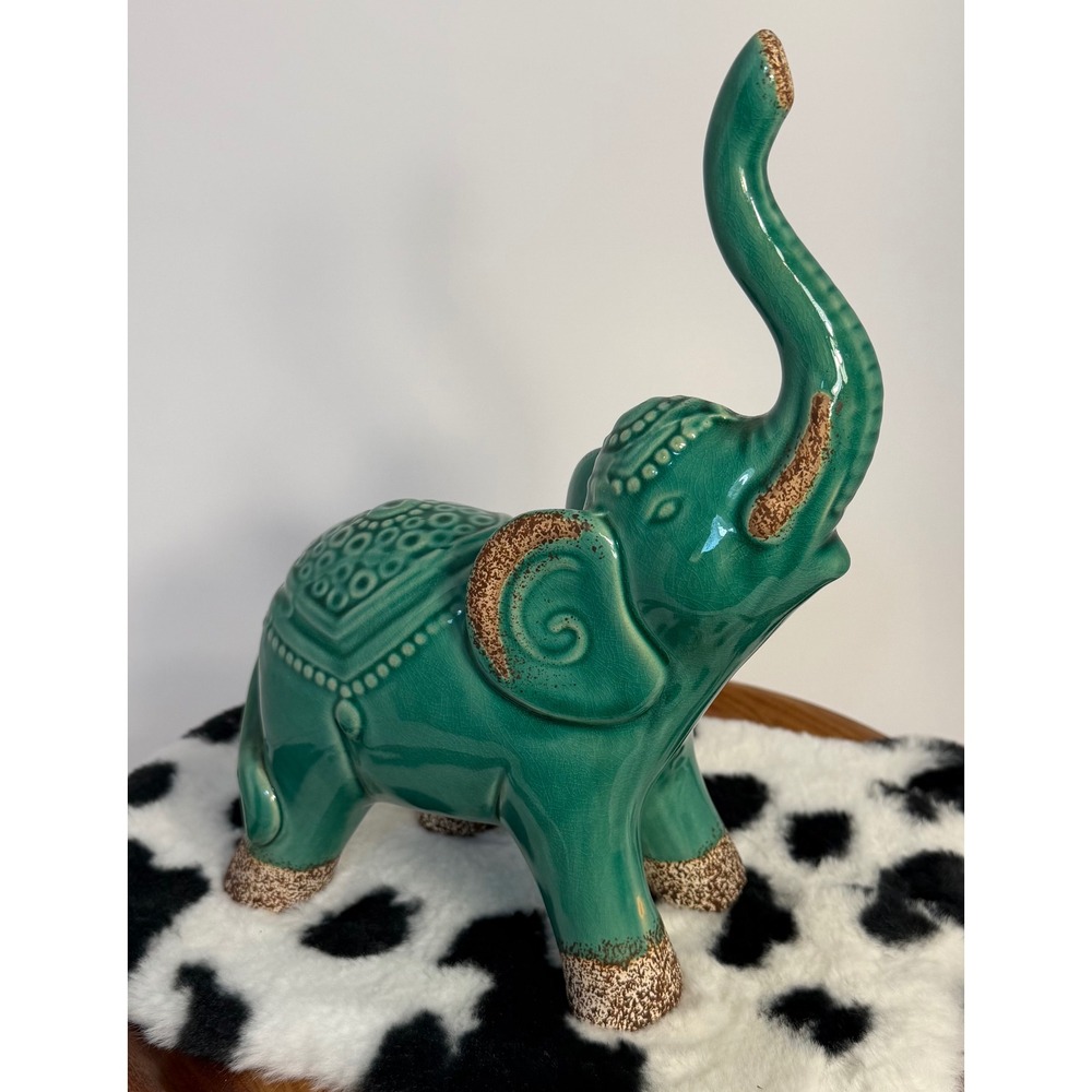 Emerald Green Crackle Glaze Ceramic Elephant Figurine Trunk Up Good Luck Decor
